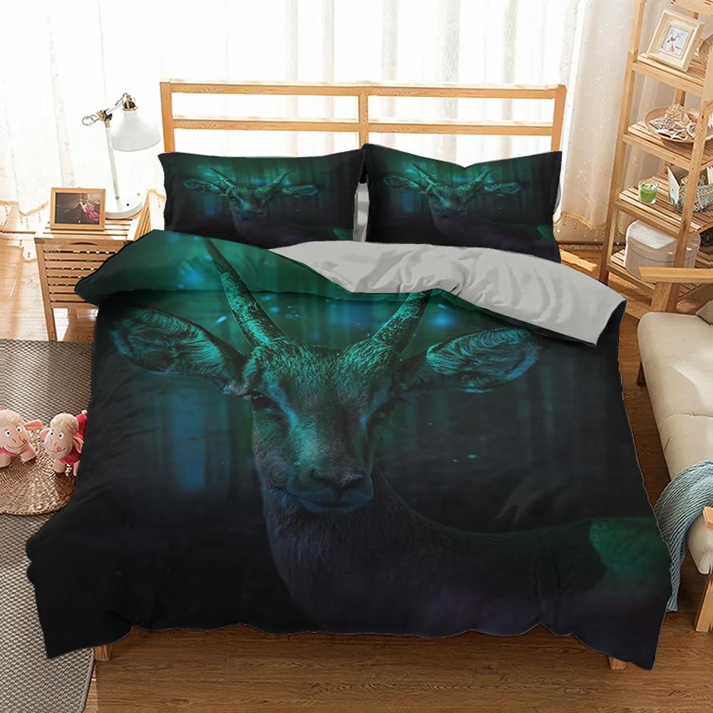 Christmas Deer King Queen Duvet Cover Animal Elk Bedding Set 2/3pcs for Kids Teens Adults Blue Soft Quilt Cover with Pillowcase