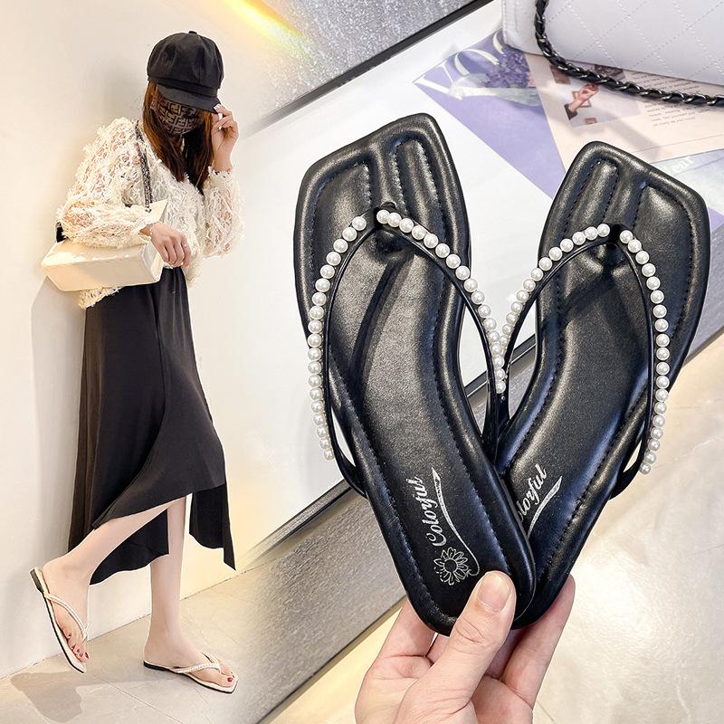 Fashion Shoes String Bead Square Toe Low Rubber Flip Flops Woman's Slippers Slides Fashion Hawaiian 2025 Luxury Summer Flat Fabric Hoof