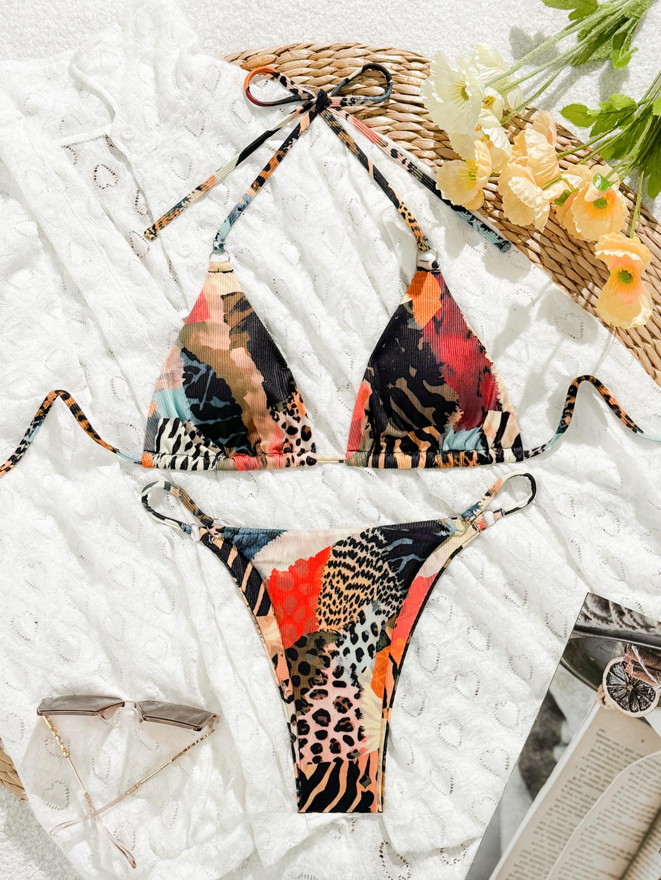 

2025 European & American Slimming Backless Lace-Up Print Bikini Set for Women Extra Small