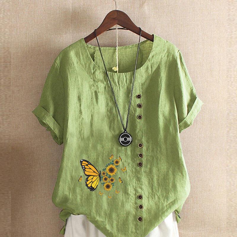 Women's Fashion Butterfly Prined Short Sleeve T-shirt Loose Cotton Shirt Casual Loose Summer Blouse Tops Plus Size