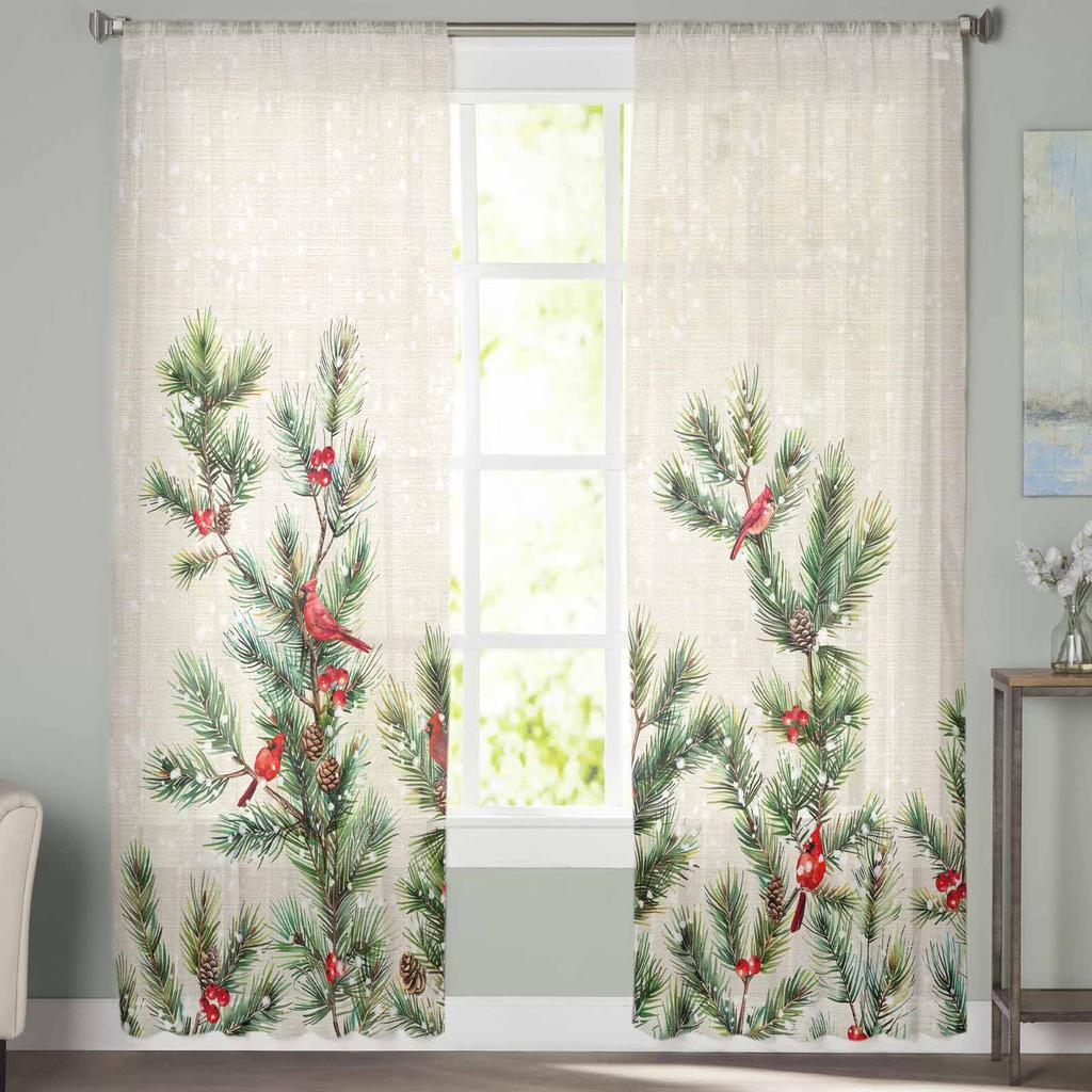 Christmas Pine Needle Jam Curtains For Living Room Bedroom Home Decoration Window Voile Tulle Curtain Drapes