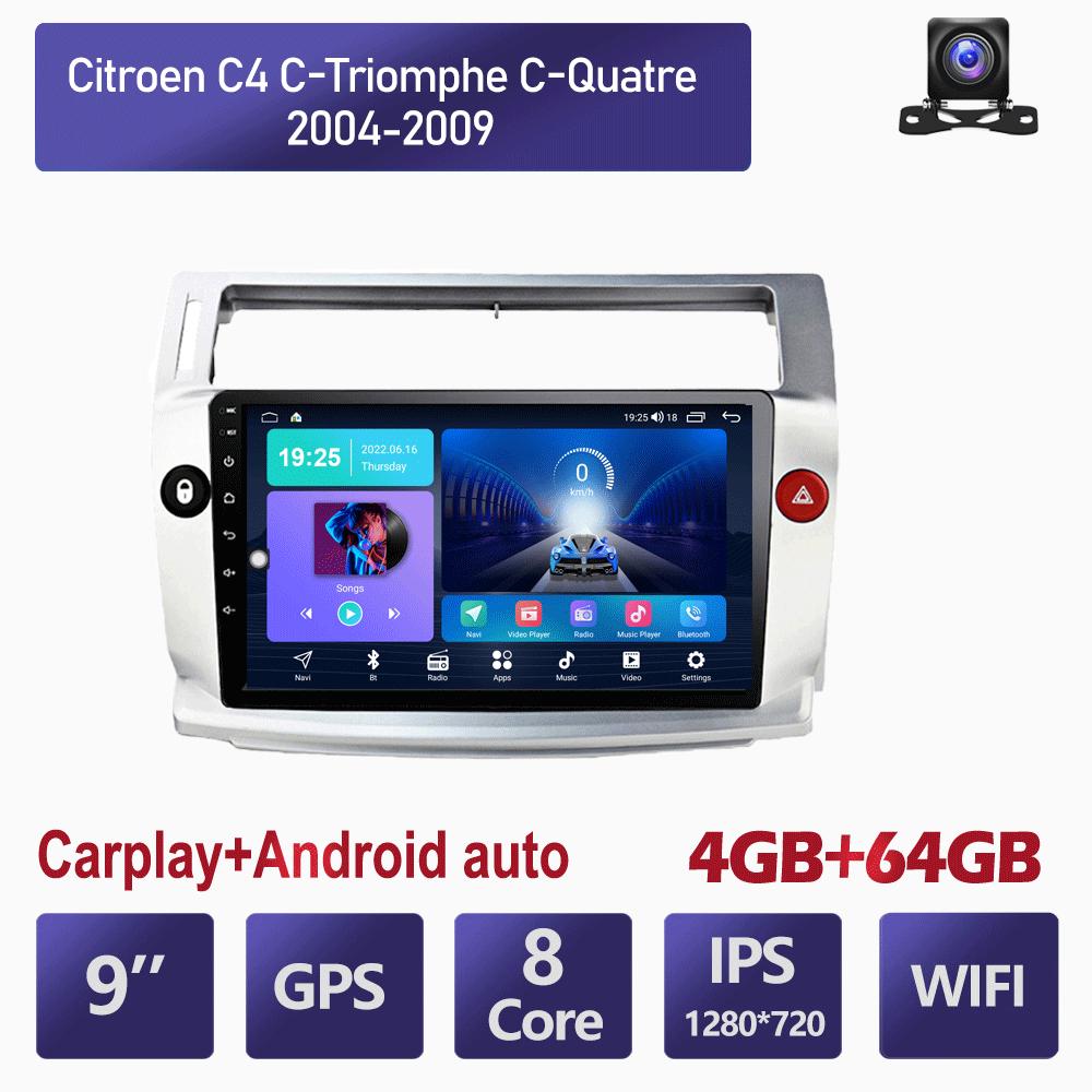 9palcové autorádio Carplay pro Citroen C4 C-Triomphe C-Quatre 2004-2009 Android do auta Multimediální přehrávač videa GPS Navigace WIFI 4+64GB