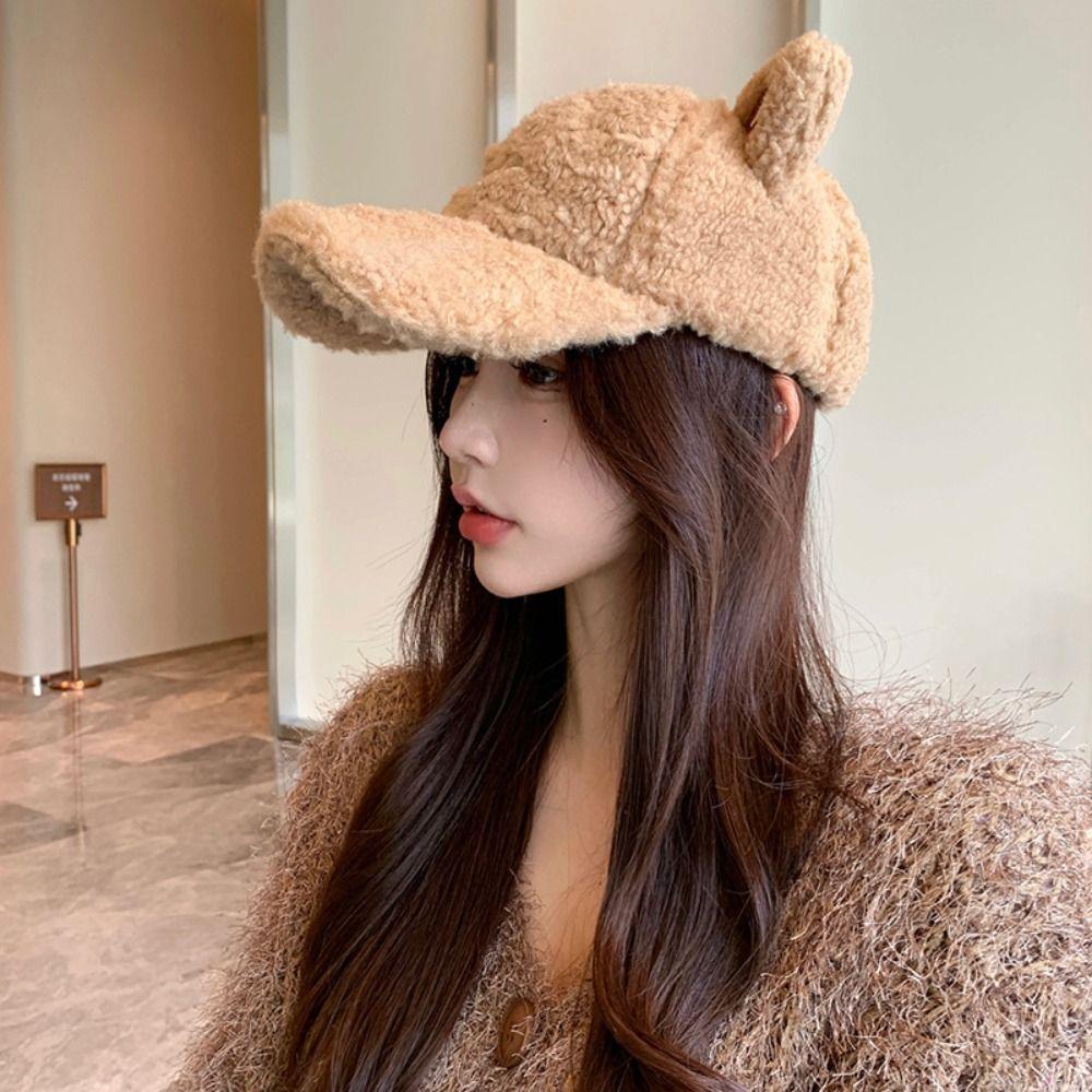 Windproof Cat Ears Baseball Hat Thicken Winter Peaked Cap Cute Lamb Wool Baseball Cap  Female