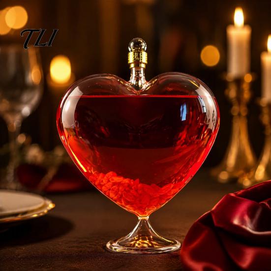 Glass Carafe for Fruit Wine Heart Shaped Bottle with Airtight Stopper, Elegant Crystal Texture Liquor Serving Container Decanter,