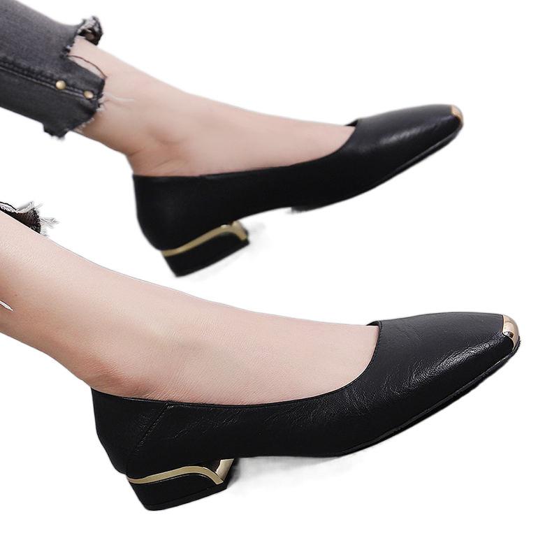 2025 Spring New Low-heeled Leather Women's Shoes Square Head Shallow Mouth Work Shoes Flat-heeled Leather Shoes Thick Heel Versatile