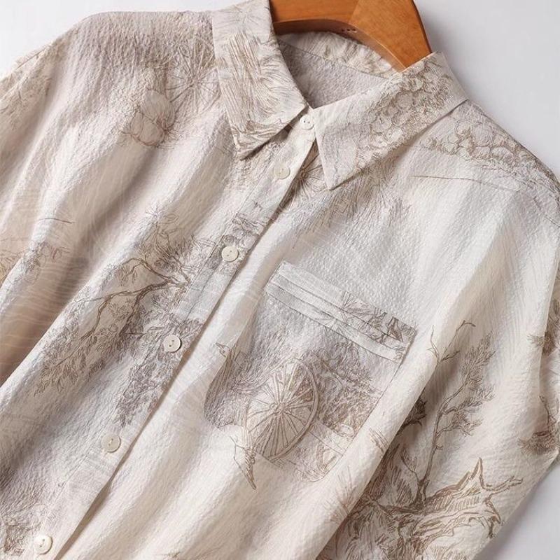 

Women Lightweight Sketch Print Blouse Half Sleeve Button Up Top S бежевый