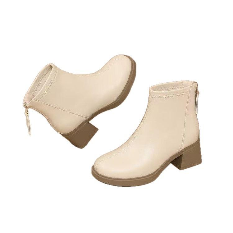 Fleece Medium Heel Small Short Boots Women's Shoes 2025 Autumn and Winter New Single Boots French White Thin Boots Thick Heel Martin Boots