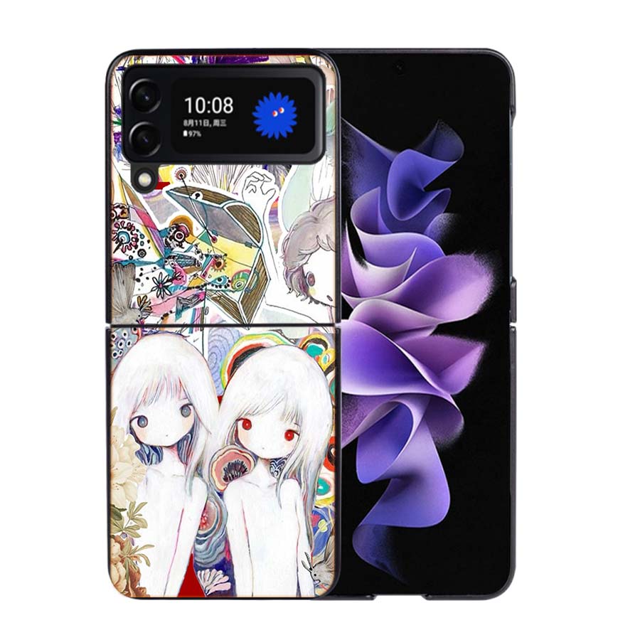 K-KikuoS Art Cute Phone Case For Samsung Z Flip 7 6 5G Galaxy Z Flip4 Z Flip5 Z Flip3 Coque Black Hard PC Shell Protective Cover