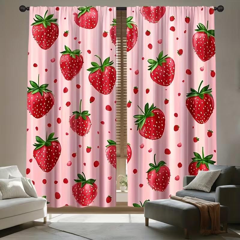 2Pcs Pink Strawberries Print Curtains,suitable for Bedroom,living Room Kitchen Decoration,home Decoration,window Decoration
