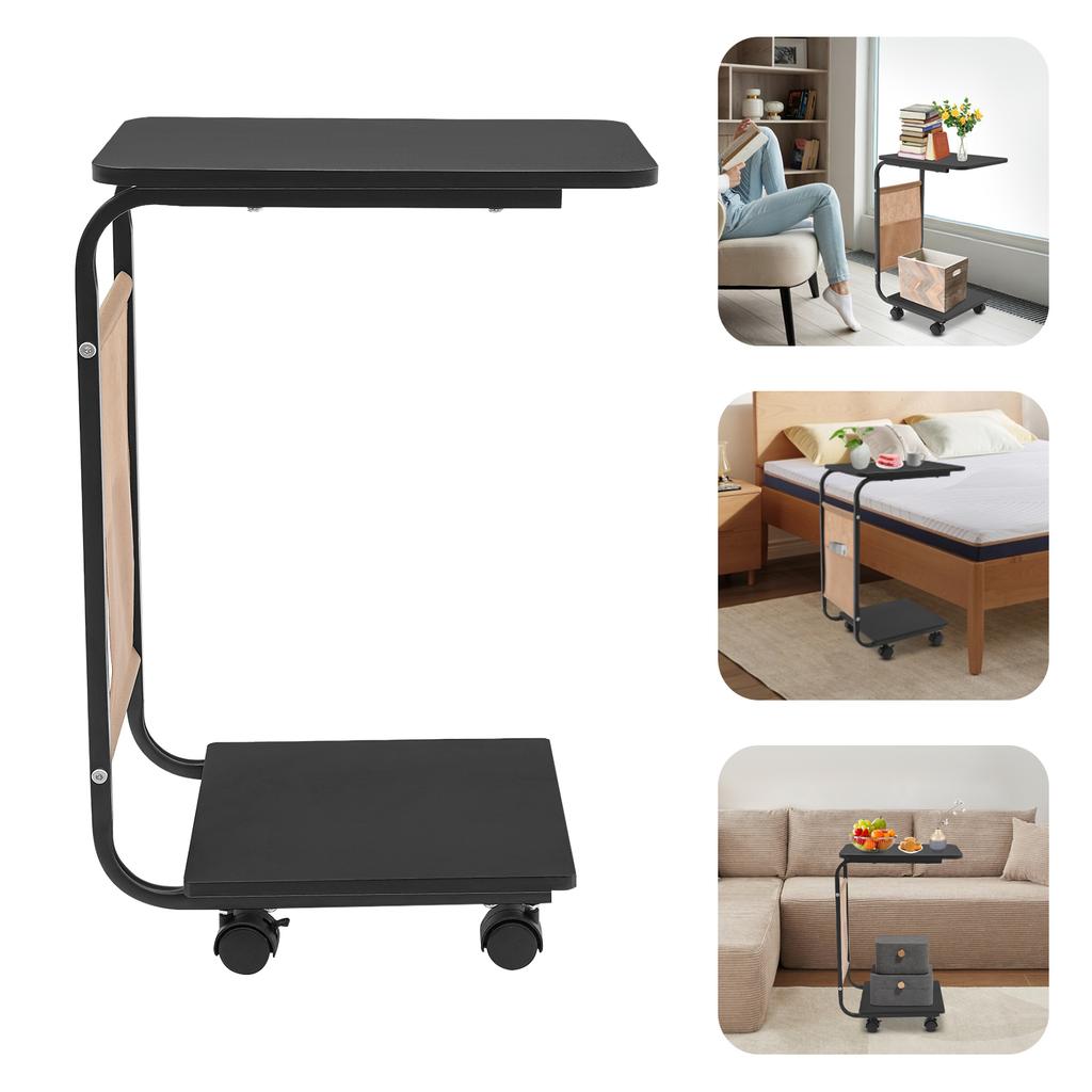 C-Shaped MDF Side Table,Black/Brown/Wood Color 2 Tiers Small C Table with Wheels Floorstanding for Sofa and Bed
