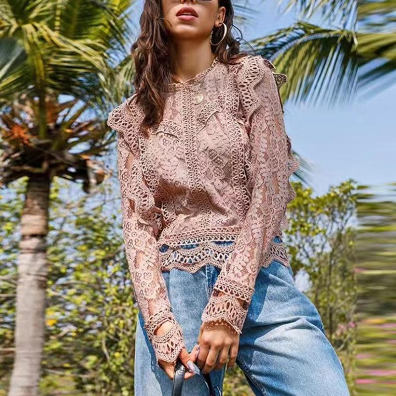 Lace Shirt Bottoming Sexy Hollow Lace Long-sleeved Fresh Sweet Women's Tops