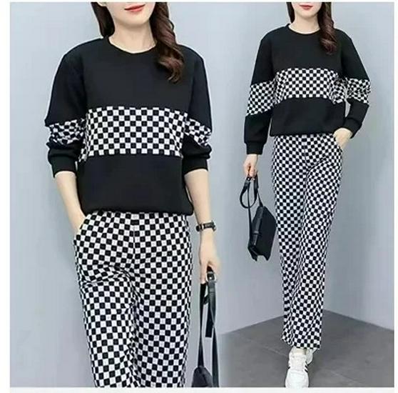 

Женский модный повседневный клетчатый спортивный костюм: Осенний комплект из двух предметов: свитшот свободного кроя и длинные брюки Triple Extra Large чёрный