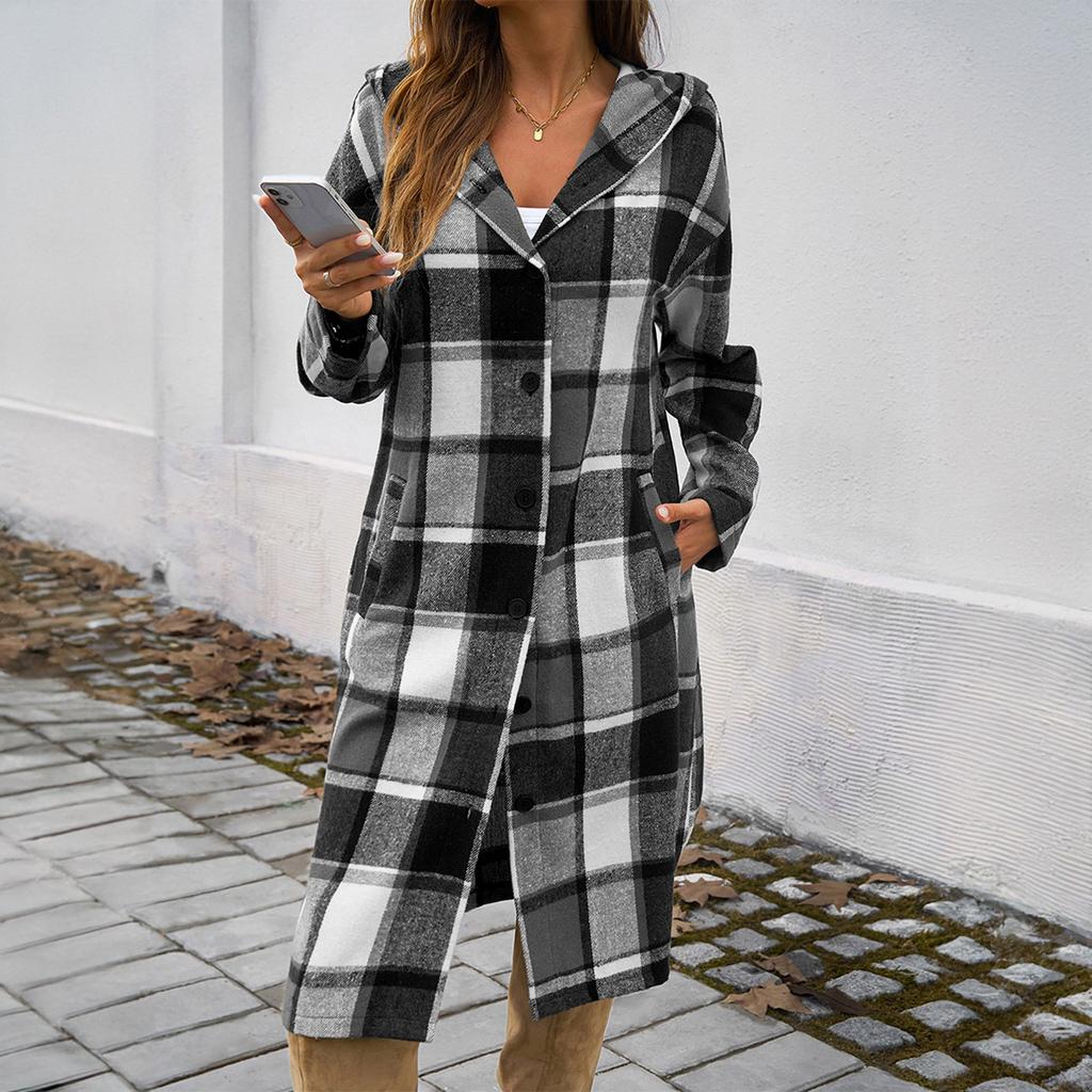 Women's Plaid Casual, Fashionable, Comfortable, Loose, Contrasting Color Breasted Hooded Jacket