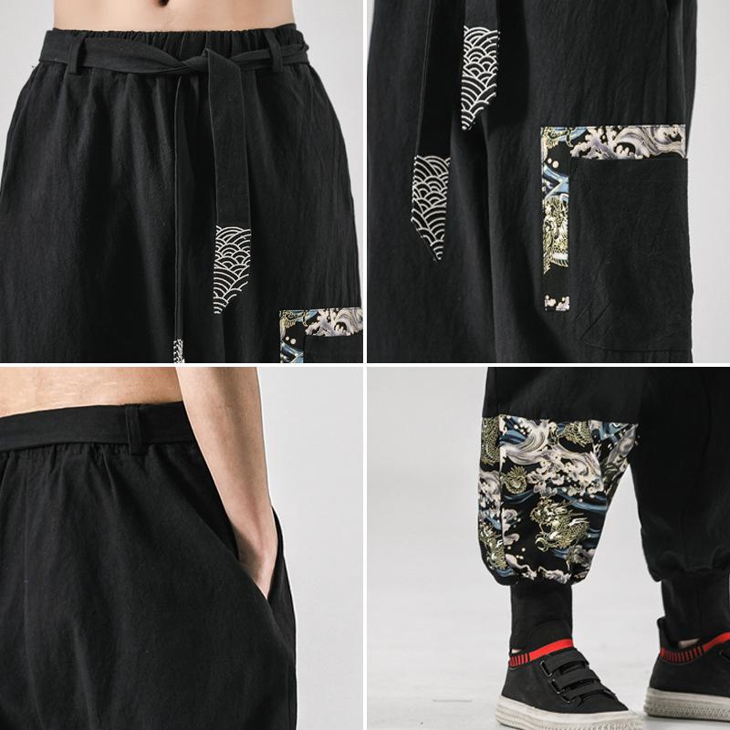 Men Cotton Linen Samurai Costume Ukiyo-e Print Belt Retro Harem Pants Haori Baggy Trousers Harajuku Hip Hop