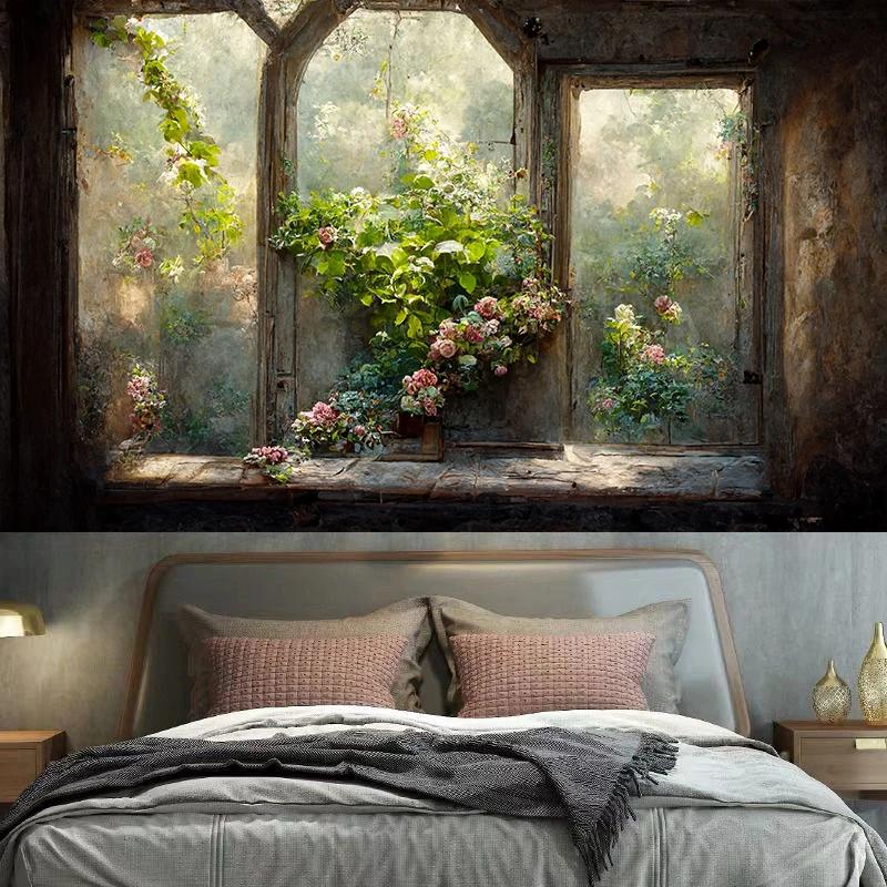 Vintage Garden Window Sill Floral Tapestry Wall Art Decoration Background Cloth Room Aesthetic  Home