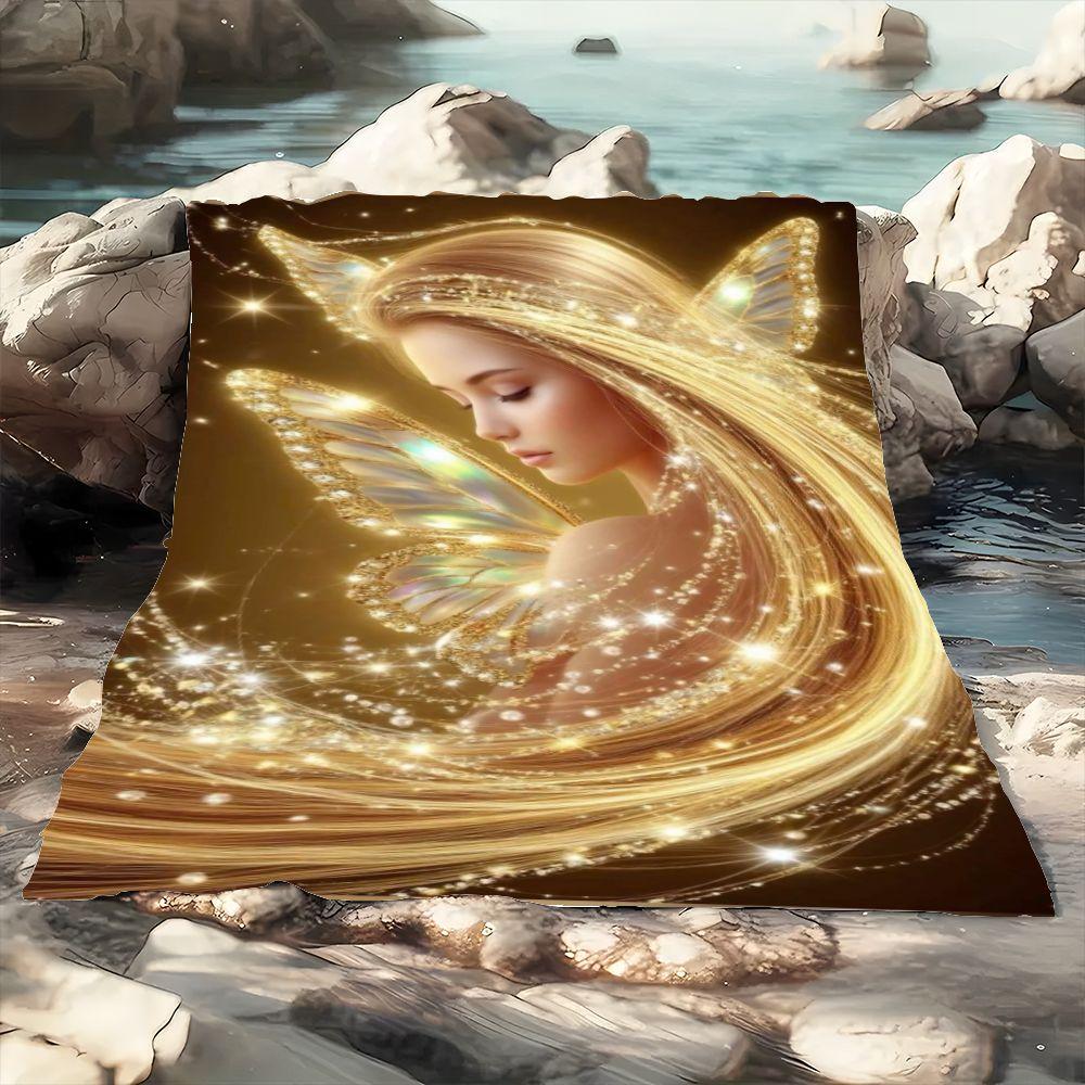 Enchanted Fairy Blanket - Cozy Plush Throw featuring a Woman with Golden Hair and Crystal Butterfly Wings, Ethereal Design with