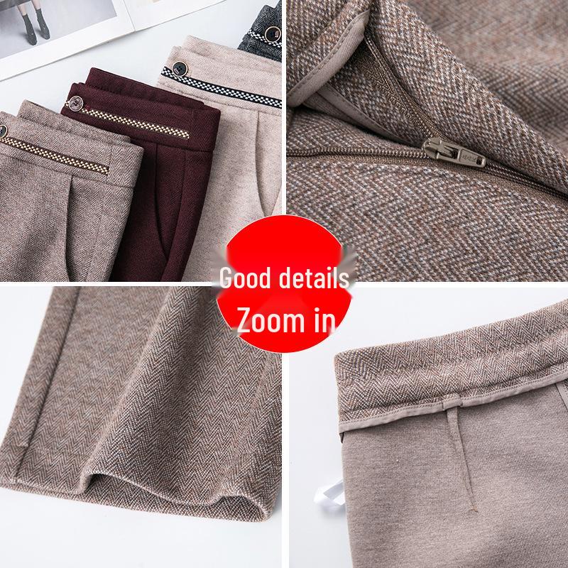 Women's High-Waisted Angola Red Wool Slim-Fit Warm Pants - Autumn/Winter