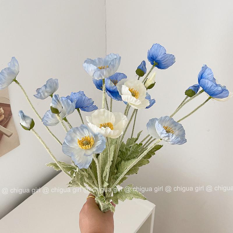 Blue Iceland Poppy Silk Flower Bouquet for Living Room Decoration