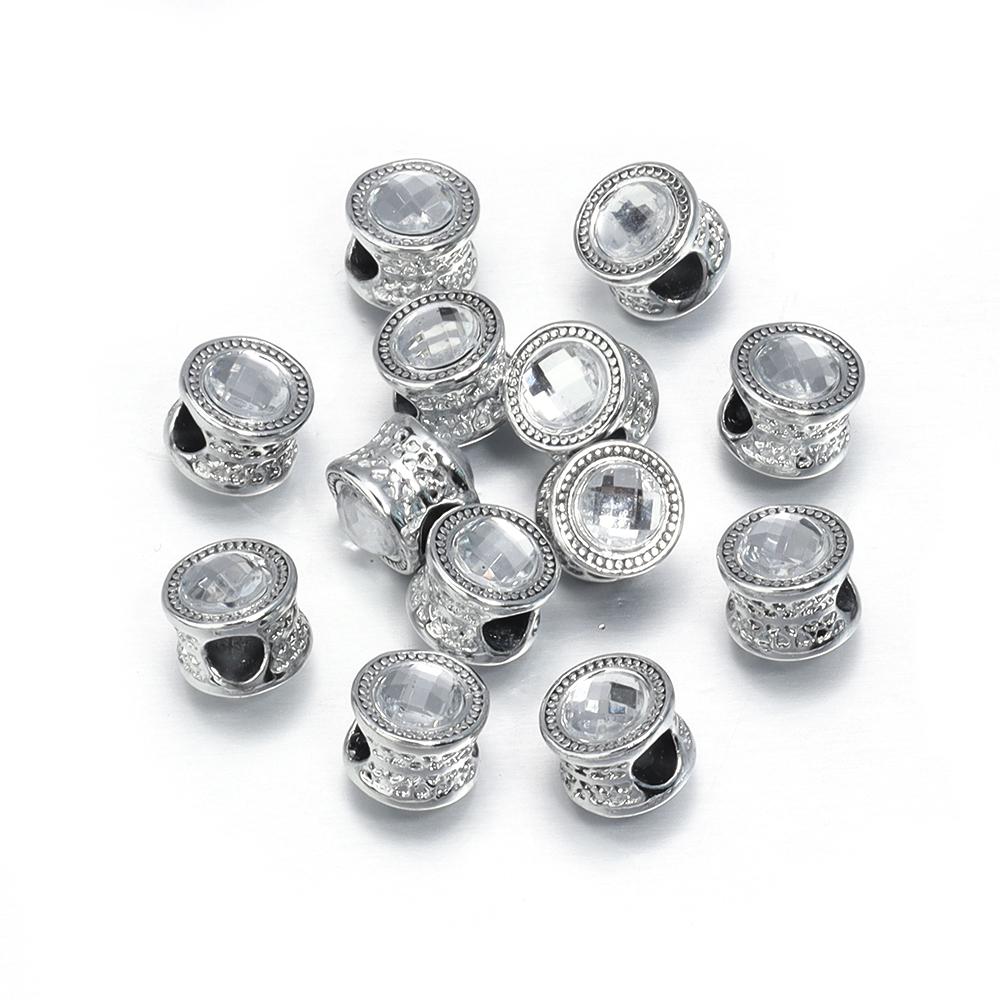 10pcs/Lot Color Alloy Rhinestone Spacer Beads Large Hole Barrel Bead for Jewelry Making DIY Charms Bracelet Hair Beads Accessory