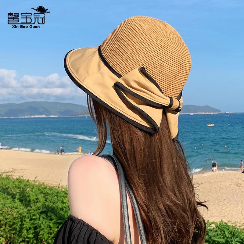 8456 Spring and summer bow bucket hat travel versatile sun hat children splicing sunscreen shade straw hat