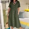 QICED Women Summer Casual Cotton V-Neck Short Sleeve Button Dress