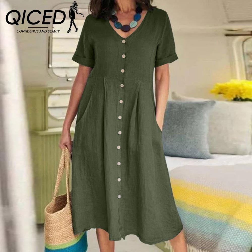 QICED Women Summer Casual Cotton V-Neck Short Sleeve Button Dress