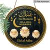 2D Flat, 1pc Round Aluminum Hanging Sign, "Eid Al-Adha Mubarak" Islamic Festival Metal Wall Art, Cute Sheep & Crescent Moon Lantern Design, Perfect