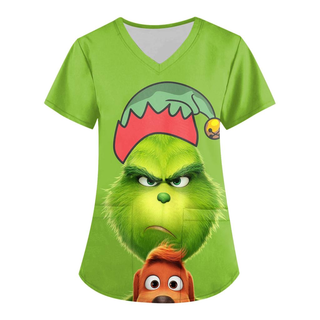 Moda Femenina Estampado Manga Corta Cuello en V Patrón Tops Bolsillo Camisetas de Trabajo