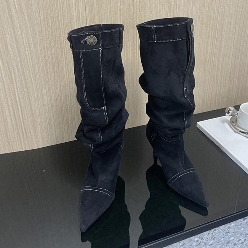 Fashion Liyke New Style Stitching Pleated Denim Pants Knee High Boots Women Button Pocket Decor Patchwork Autumn Winter Slim Heels Shoes