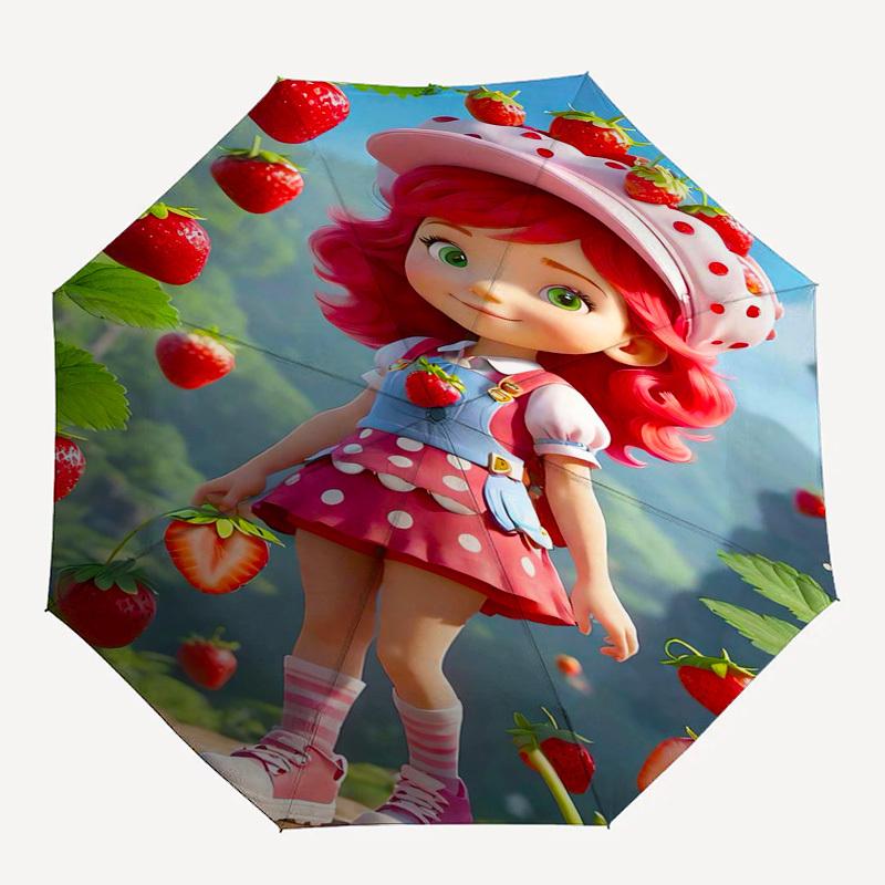 Strawberry Themed Automatic Opening and Closing Umbrella, Compact Travel Umbrella, Lightweight and Portable, Suitable for Beach Commuting Bu