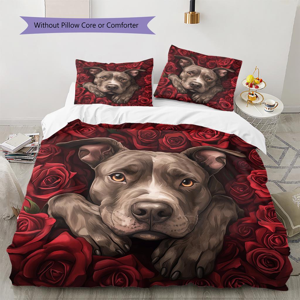 Pitbull and roses Pattern Bedding Home Decoration Birthday Gift (1 * duvet cover + 2 * pillowcase, without core)