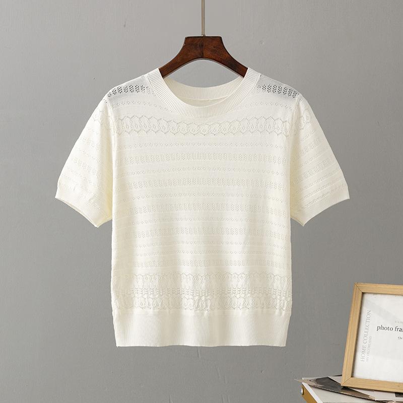 Tricou cu mânecă scurtă pentru femei, cu gât rotund, slăbit, stil la modă de vară, tricou casual confortabil, tricou tricotat, respirabil, cu design gol