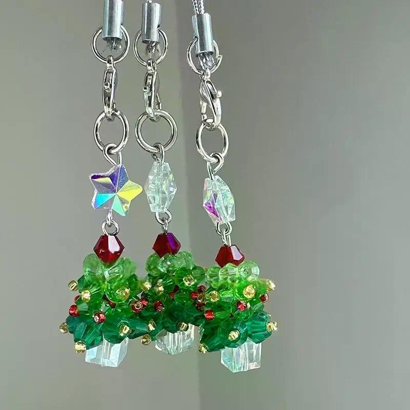 Cute Christmas Mobile Phone Straps Crystal Bead Christmas Tree Keychain Lanyard Bag Pendant Decoration Fashion New Year Gift