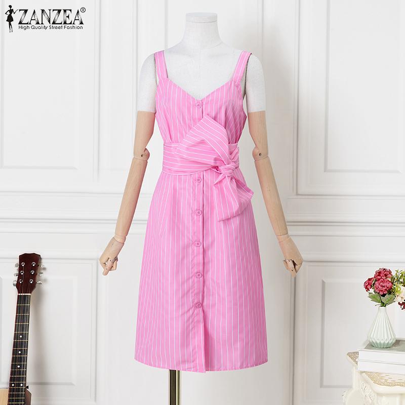 ZANZEA Damen Sommer V-Ausschnitt Lässig Ärmellos Streifenkleid