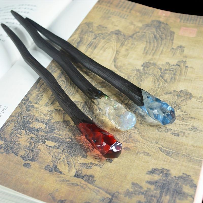 Natural Ebony Colored Crystal Women's Braided Hair Hairpin Qipao Hanfu Niche High-end Versatile Wooden Hairpin Hair Accessory