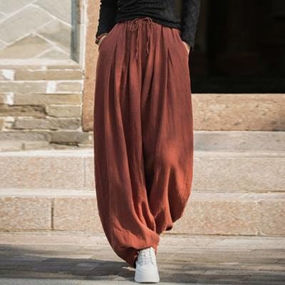 Women Vintage Long Pants Elastic Waist Solid Color Trousers Autumn Belt Loose Bloomers Pants