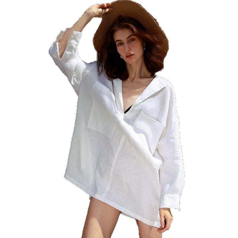 Old Money Wind Pure Linen Long Sleeve Dress Vacation Deep V-Neck Loose Silhouette Shirt Skirt