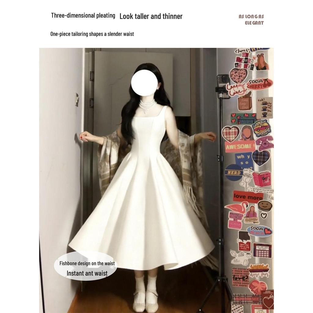 High-End White Sleeveless Slimming Camisole Dress for Girls with Inner Layer - Perfect for Spring Birthdays