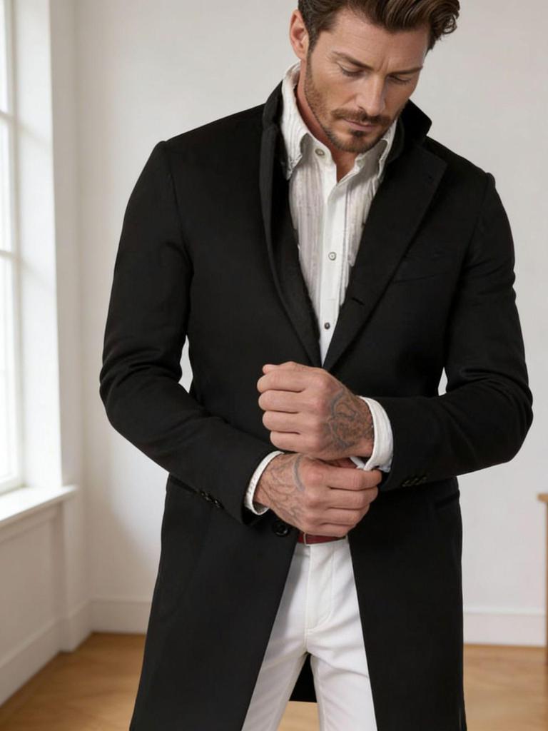 2025 European Men's Woolen Mid-Length Single-Breasted Fashion Overcoat