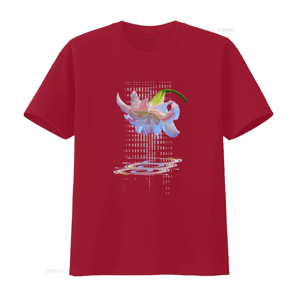 Psychedelic Glitch Art Lily Flower Print Casual T Shirt Vintage Washed Comfortable Streetwear Versatile Fashion Stylish