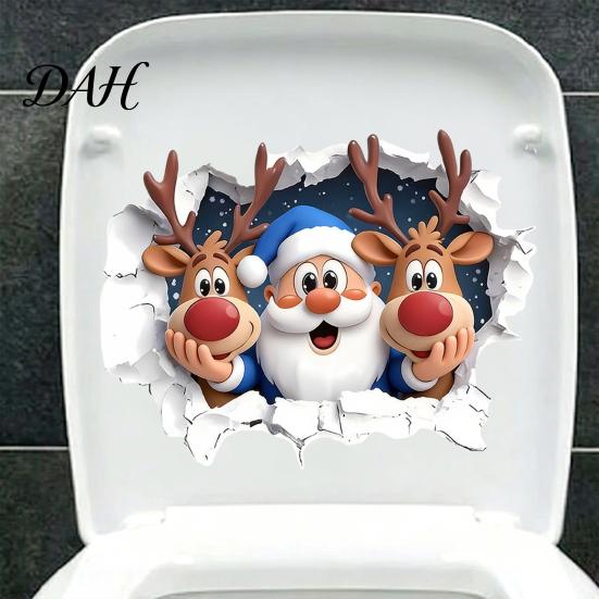 Creative Indoor Outdoor Ornaments Christmas Santa Claus And Elk Toilet Stickers, 3D Wall Breaking Decals, Seasonal Party Decorations Waterproof