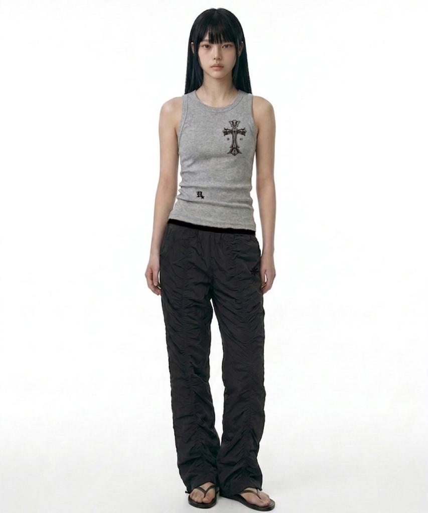 Damiswi Wrinkle Shirred Flare Nylon Pants_Black