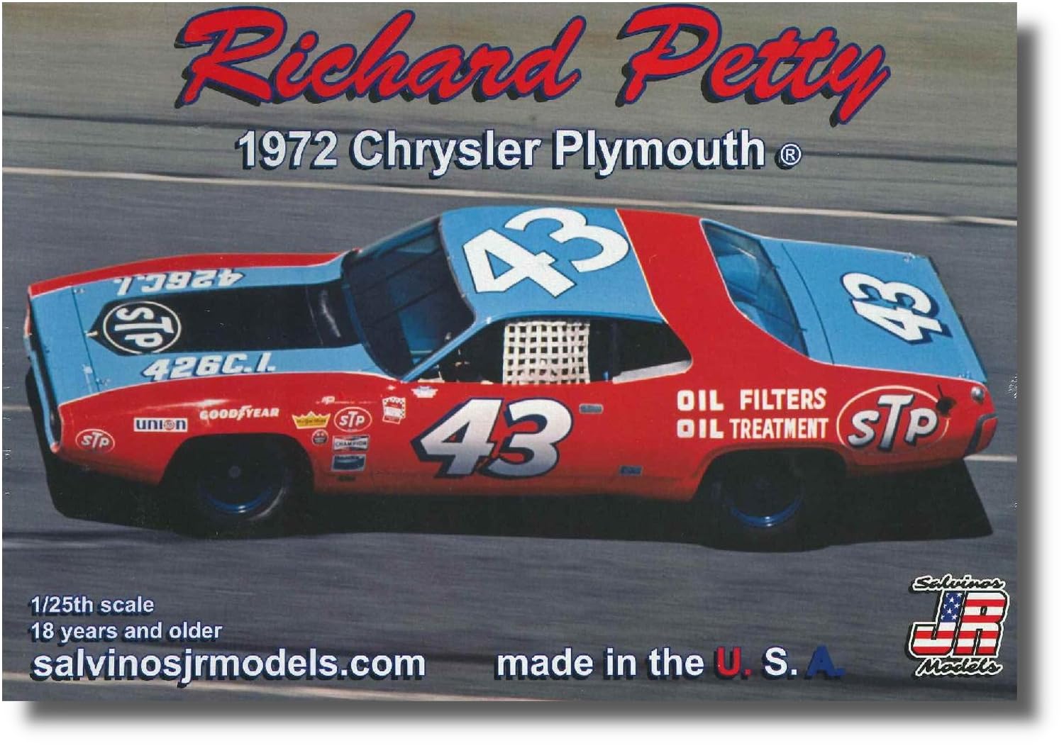 

Salvinos Models Scale 1972 Plymouth Road Runner 43 Richard Petty Plastic Model Kit Jr. 1/25 (SJMRPCP1972D)