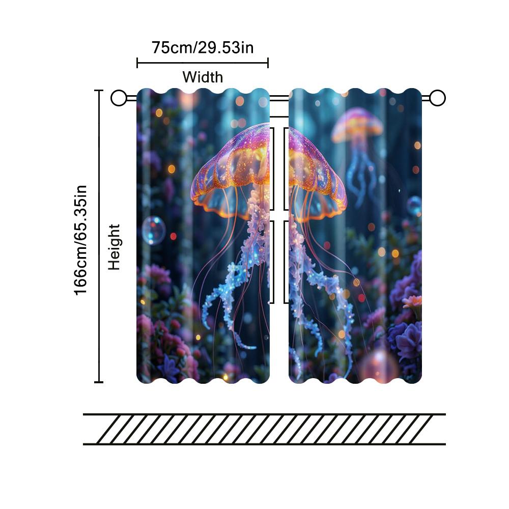 Set Of 2 Filtering Curtains Excluding Rods Non Movable Without Batteries Cute Jellyfish Surroundedbackgroundsuitable Use Curtain Polyester