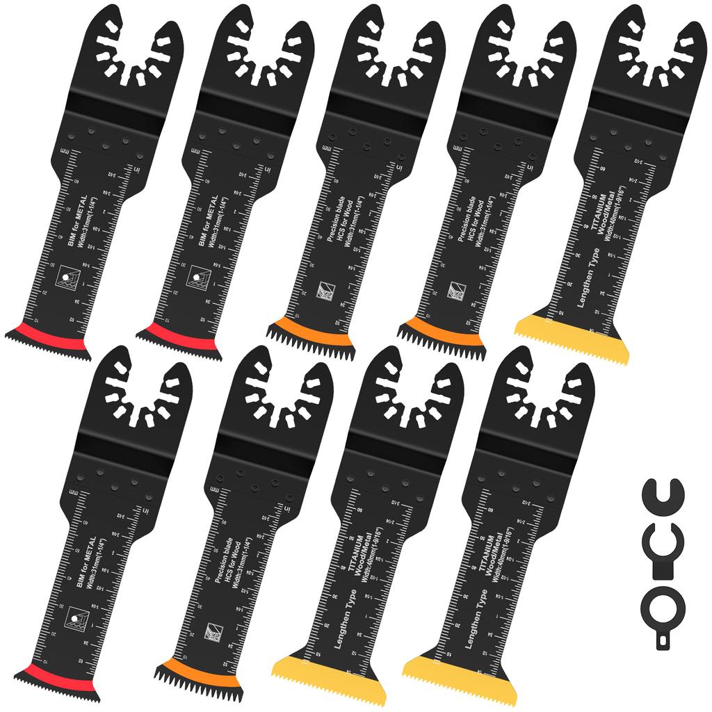 9Pcs Oscillating Saw Blades Titanium Bimetal Oscillating Multitool Blade Extra Long Curved Edge Japanese Teeth Multi Tool Blade
