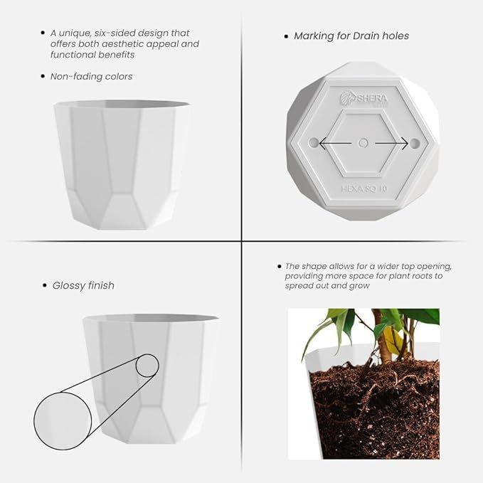 Plastic Flower Pot with Drainage Holes Round Planter Pot Suitable for Indoor Outdoor Kitchen Garden (White, 10 INCH - 6 Pcs)