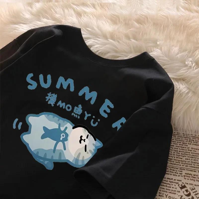 Summer Japanese Cartoon Fashion Trend Cute Fish Sleeping Kitten Print Stylish Loose Casual Tshirt Top Large Size