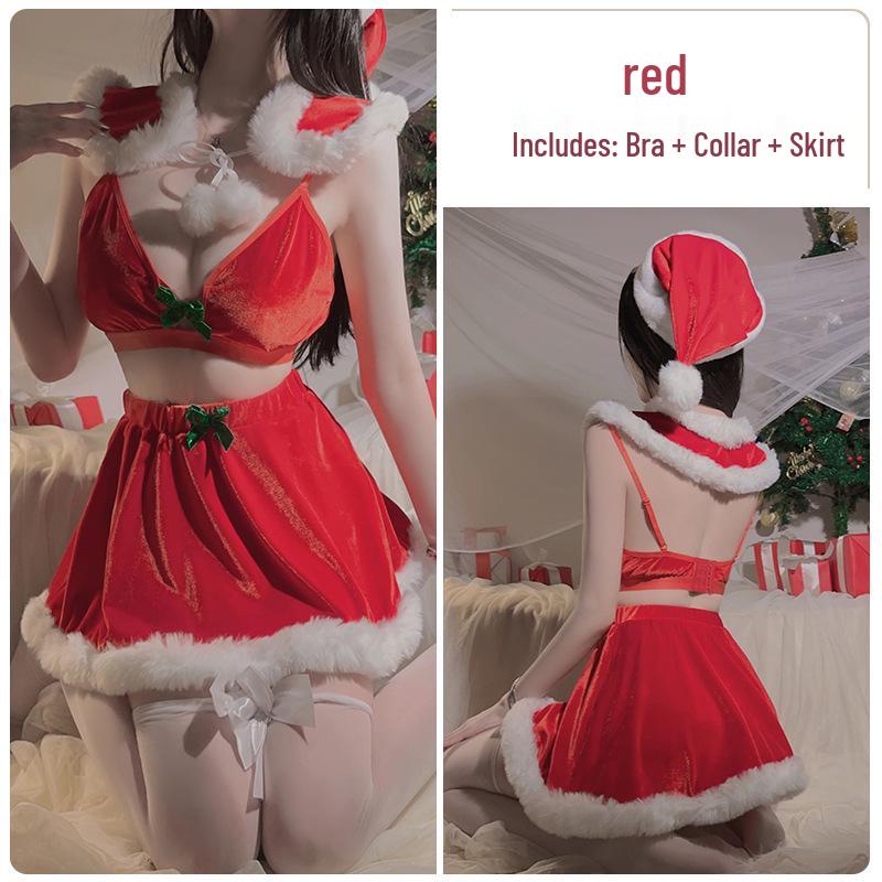 Gorgeous Velvet Lingerie: Sexy Three-Piece Bra, Short Skirt, & Christmas Naughty Set