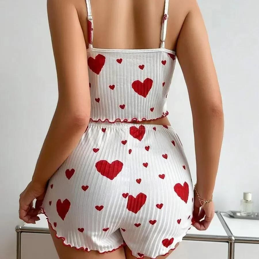 Women's Short Pajamas Set Sleepwear 2 PCS Short Tank Tops and Shorts S M L White Ventilate Soft Casual Love Printing