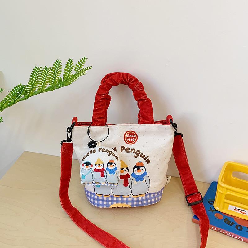 Cute Illustration Dopamine Canvas Small Bucket Bag With Cartoon Penguin And Bear Print Design For Daily Use